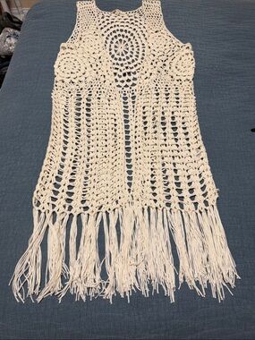 Umgee XL Crochet Fringe Midi Length Vest - Cream